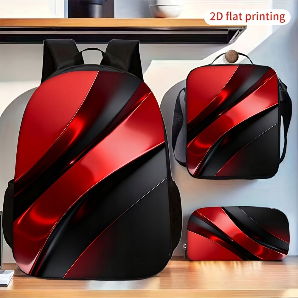 3-Piece Backpack Set: Red, Black, Abstract Curved Diagonal Print Combination