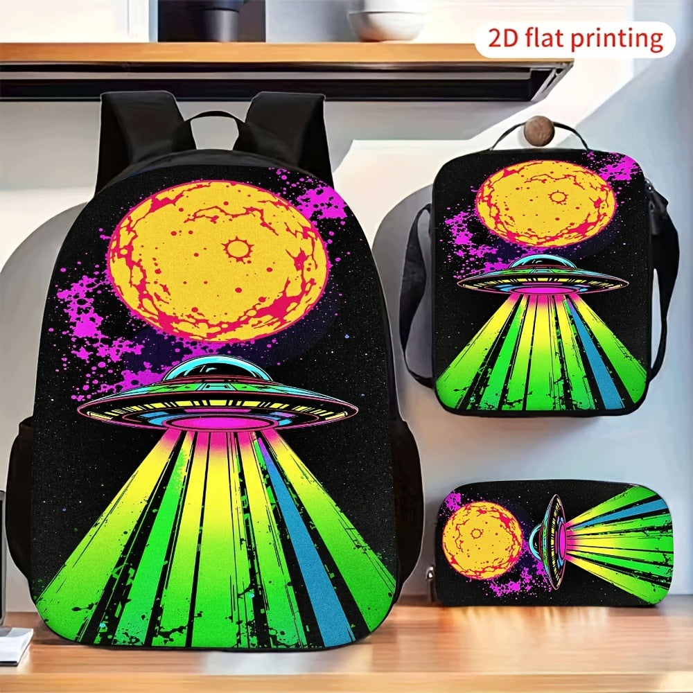 3-Piece Backpack Set: Retro Neon Alien UFO Planet Pattern Shoulder Bag