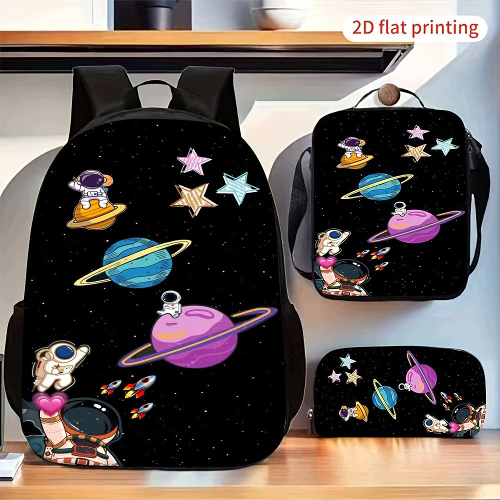 3-Piece Backpack Set: Trendy Space Astronaut, Planet, Star Pattern Print