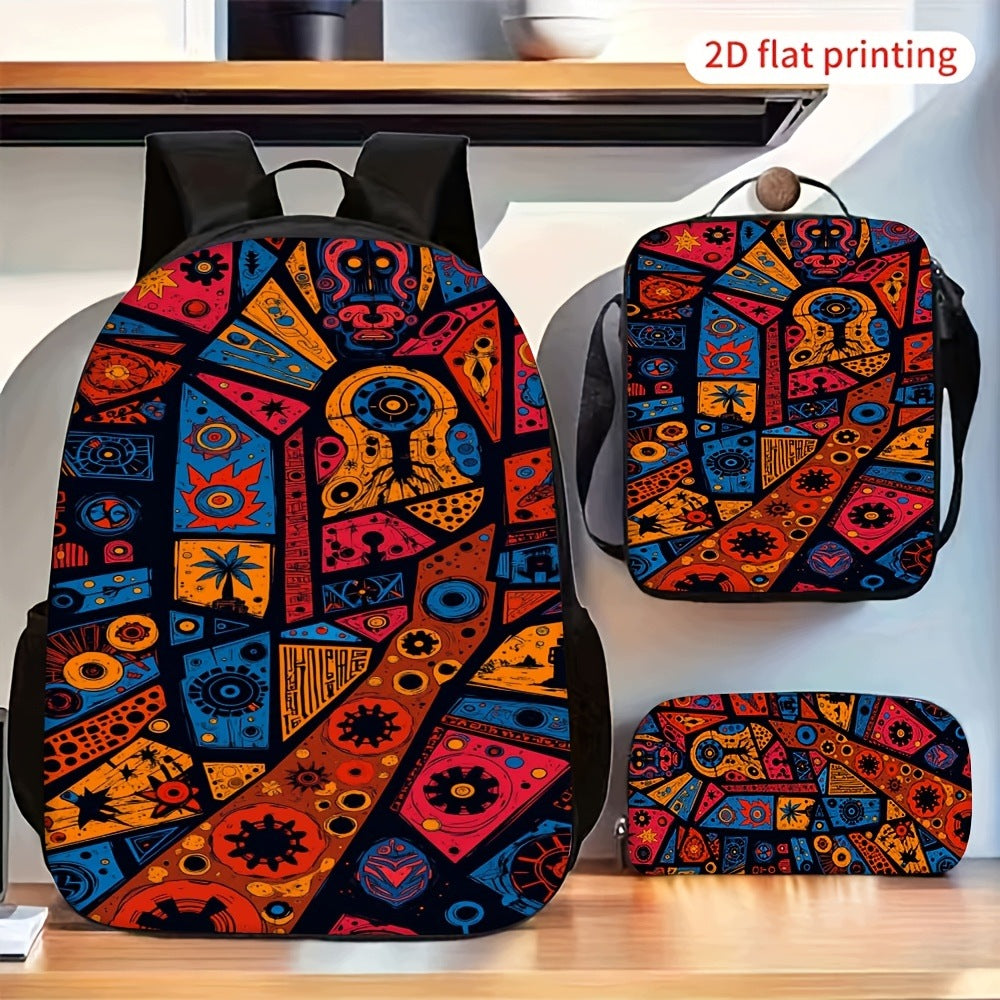 3-Piece Backpack Set: Vintage Tribal Abstract Geometric Pattern with Pouch