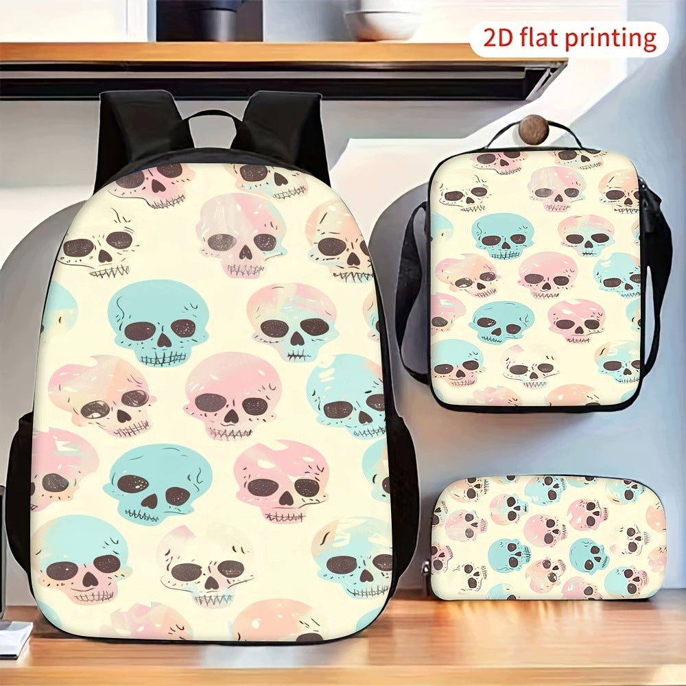 3-Piece Backpack Set with 2D Flat Pastel Colorful Skull Pattern