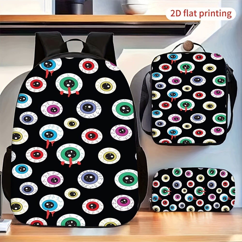 3-Piece Backpack Set with 2D Flat Printed Multi-Color Scattered Eyeball Pattern