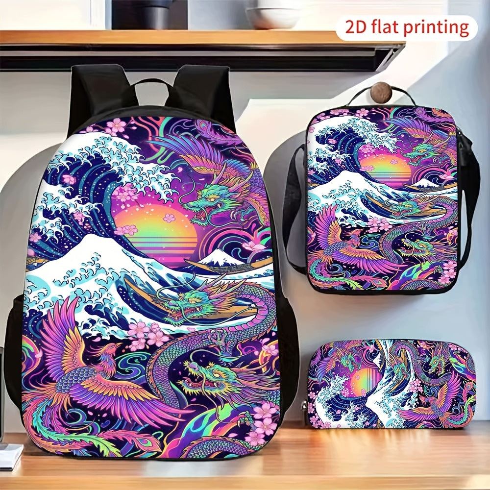 3-Piece Backpack Set with Colorful Dragon, Phoenix, Wave, and Sunset Graphics