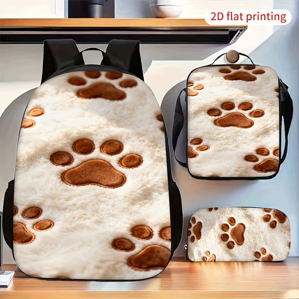 3-Piece Backpack Set with Cute Brown Paw Print - 2D Flat Design, Includes Crossbody Bag