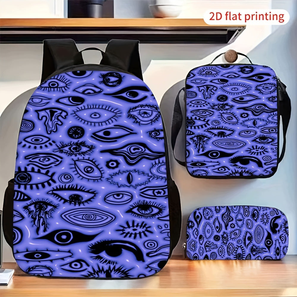 3-Piece Backpack Set with Full Eye Print, 2D Flat Design, Adjustable Straps, Lightweight