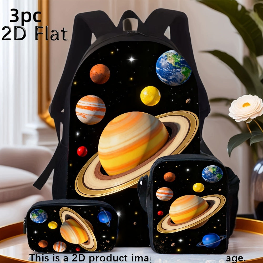 3-Piece Backpack Set with Solar System Planets Print