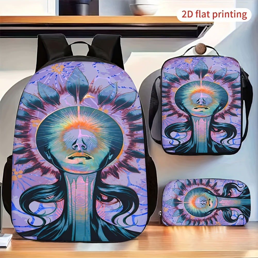 3-Piece Backpack Set with Trippy Psychedelic Abstract Human Portrait Pattern (2D Flat Design)