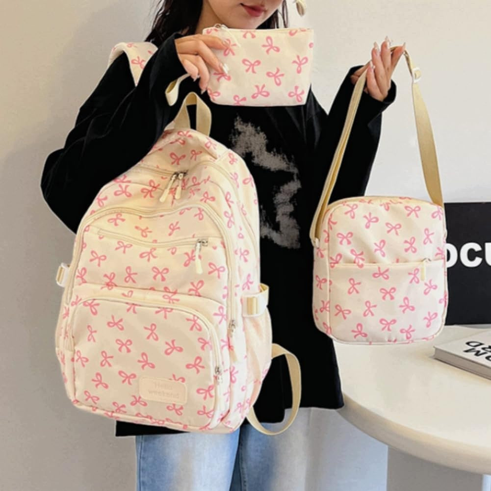3-Piece School Backpack Set: Purse & Pouch for Girls - Pink Bows Brand no brand