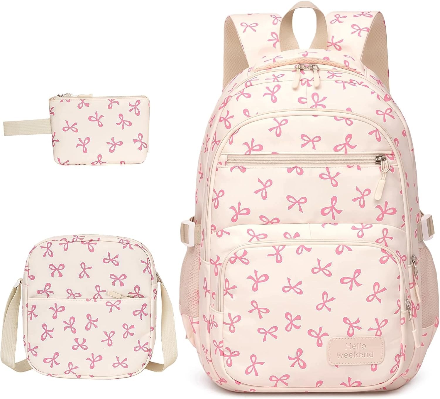 3-Piece School Backpack Set: Purse & Pouch for Girls - Pink Bows
