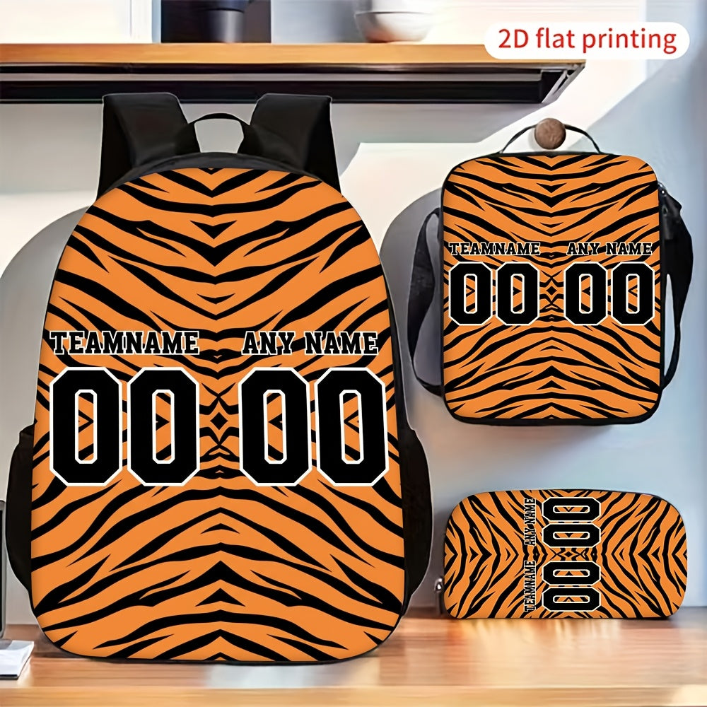 3-Piece Tiger Stripe Print Backpack Set with Lunch Bag and Pencil Case