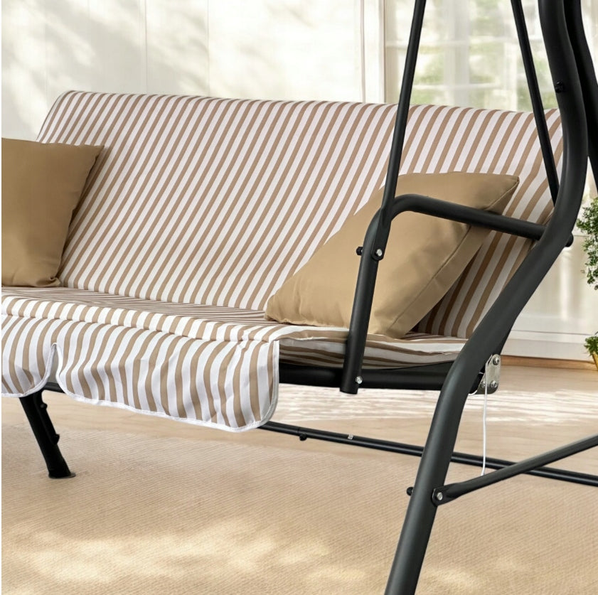 3 SEATER FREESTANDING GARDEN SWING LIGHT BROWN STRIPS Kind freestanding