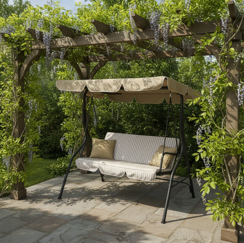 3 SEATER FREESTANDING GARDEN SWING LIGHT BROWN STRIPS Manufacturer no brand