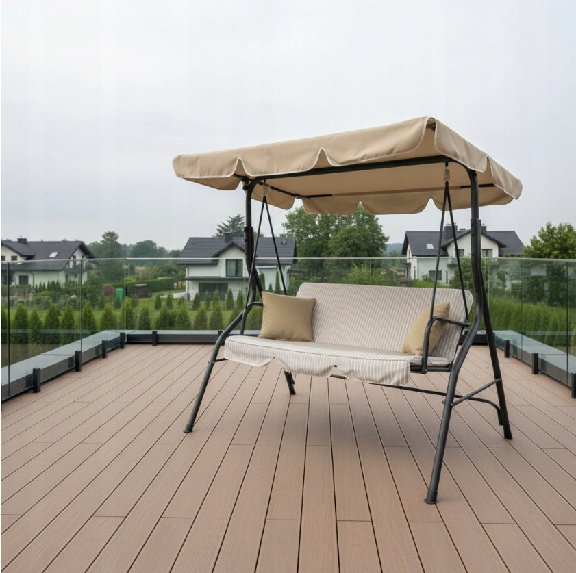 3 SEATER FREESTANDING GARDEN SWING LIGHT BROWN STRIPS Seat width 45 cm