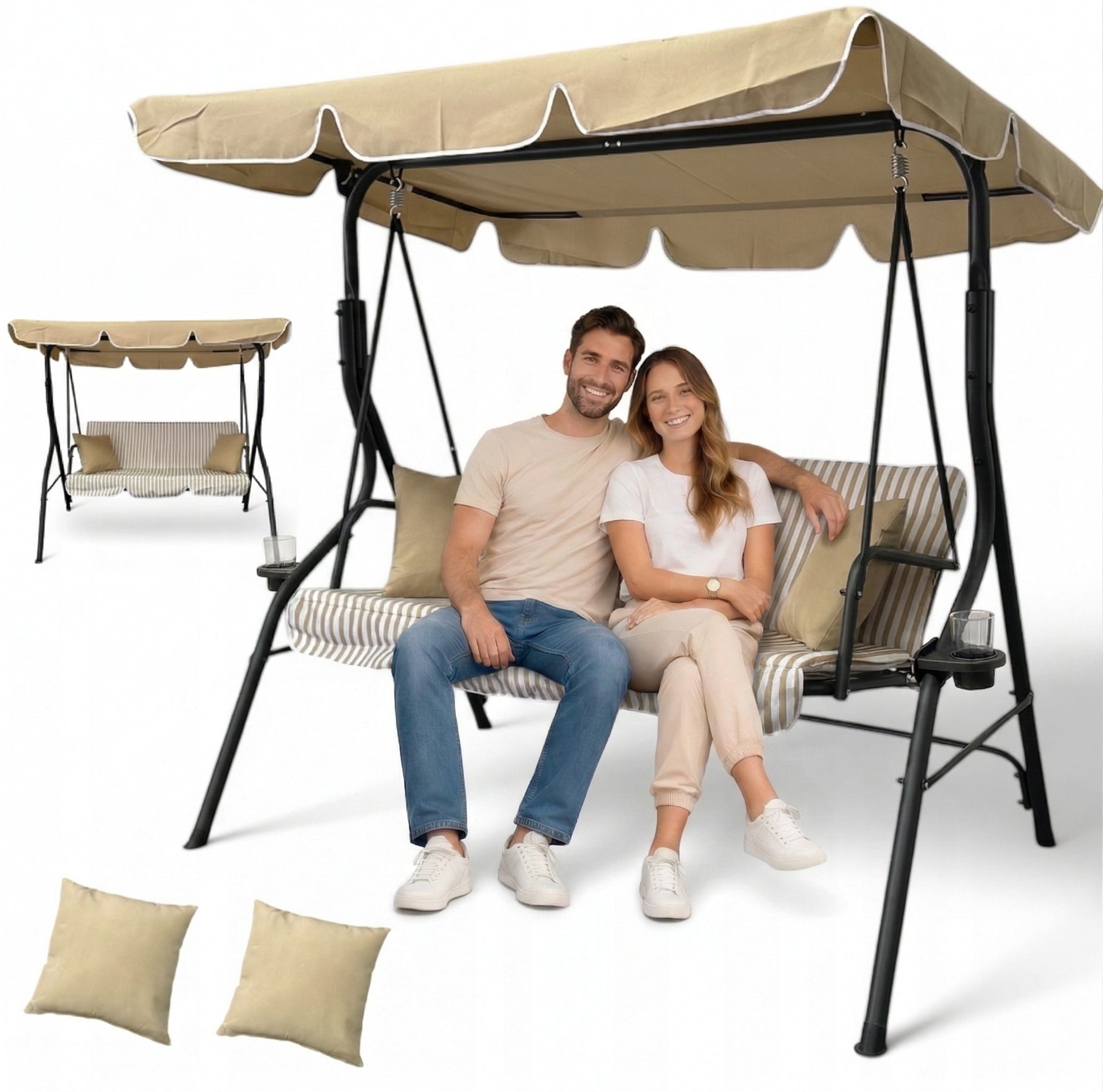 3 SEATER FREESTANDING GARDEN SWING LIGHT BROWN STRIPS