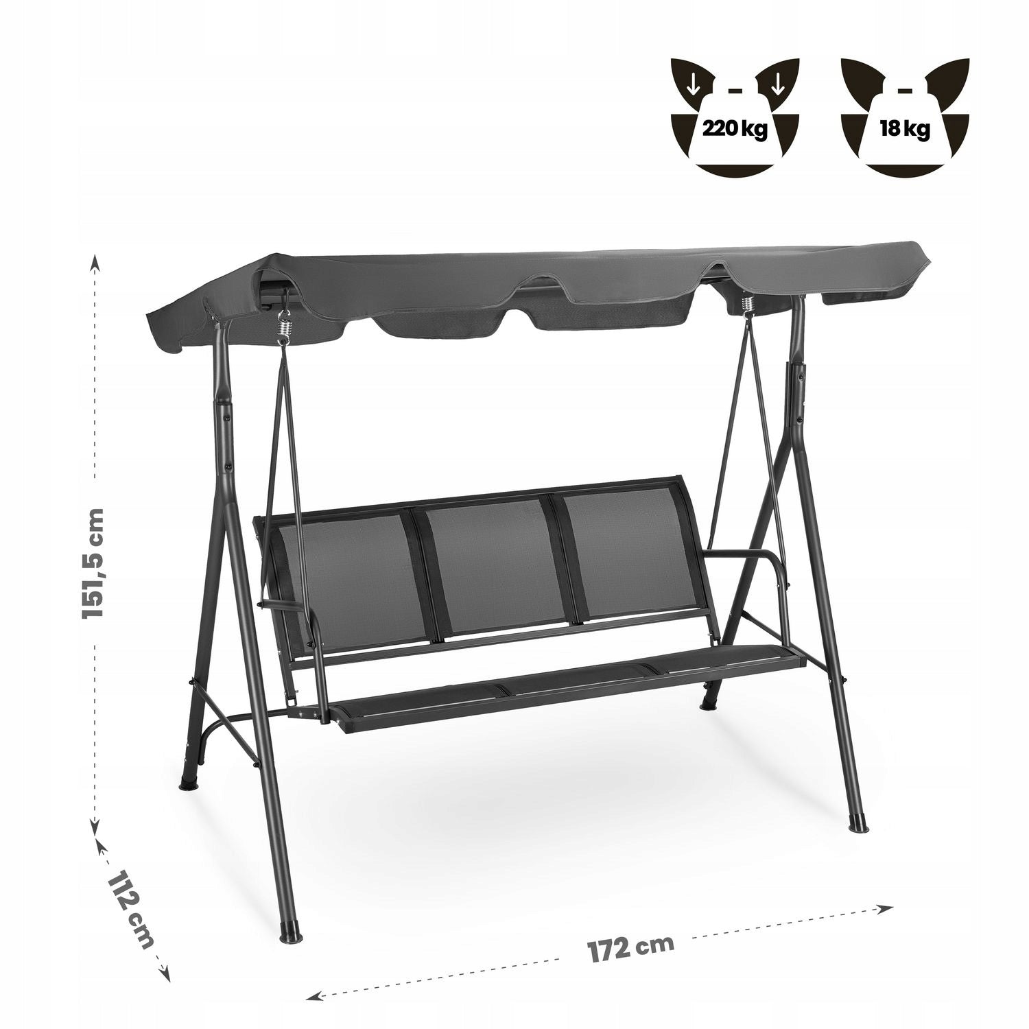 3 SEATER FREESTANDING GARDEN SWING WITH ADJUSTABLE VISOR OUTTEC Seat width 46 cm