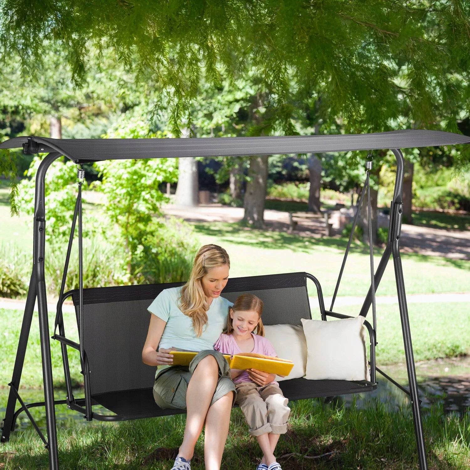 3 SEATER FREESTANDING GARDEN SWING WITH VISOR AND CUSHIONS LUVERNO Material of manufacture metal