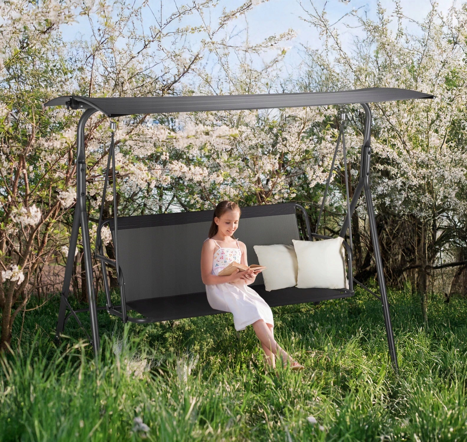 3 SEATER FREESTANDING GARDEN SWING WITH VISOR AND CUSHIONS LUVERNO Seat length 129 cm