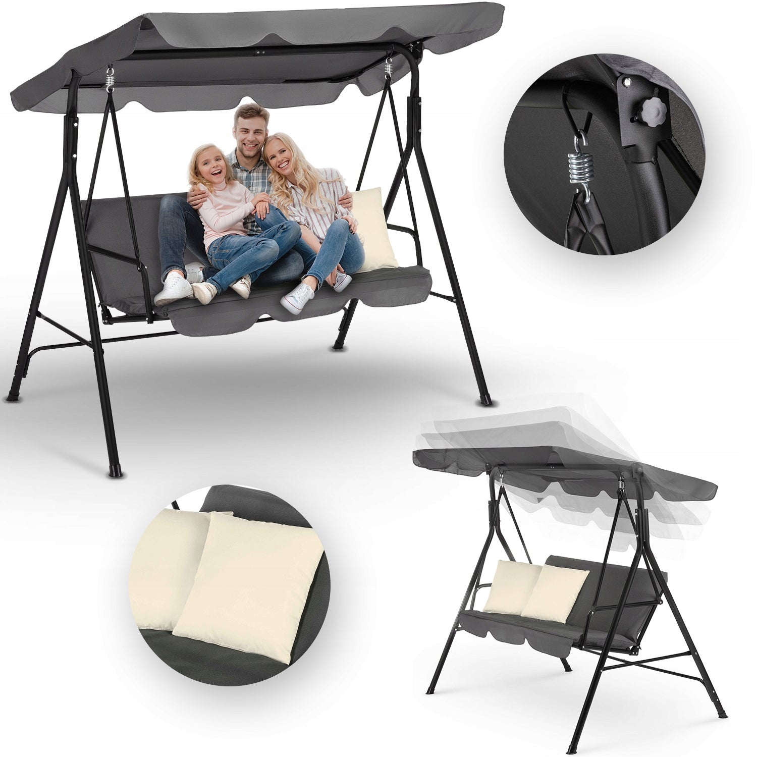 3 SEATER FREESTANDING GARDEN SWING WITH VISOR AND CUSHIONS LUVERNO