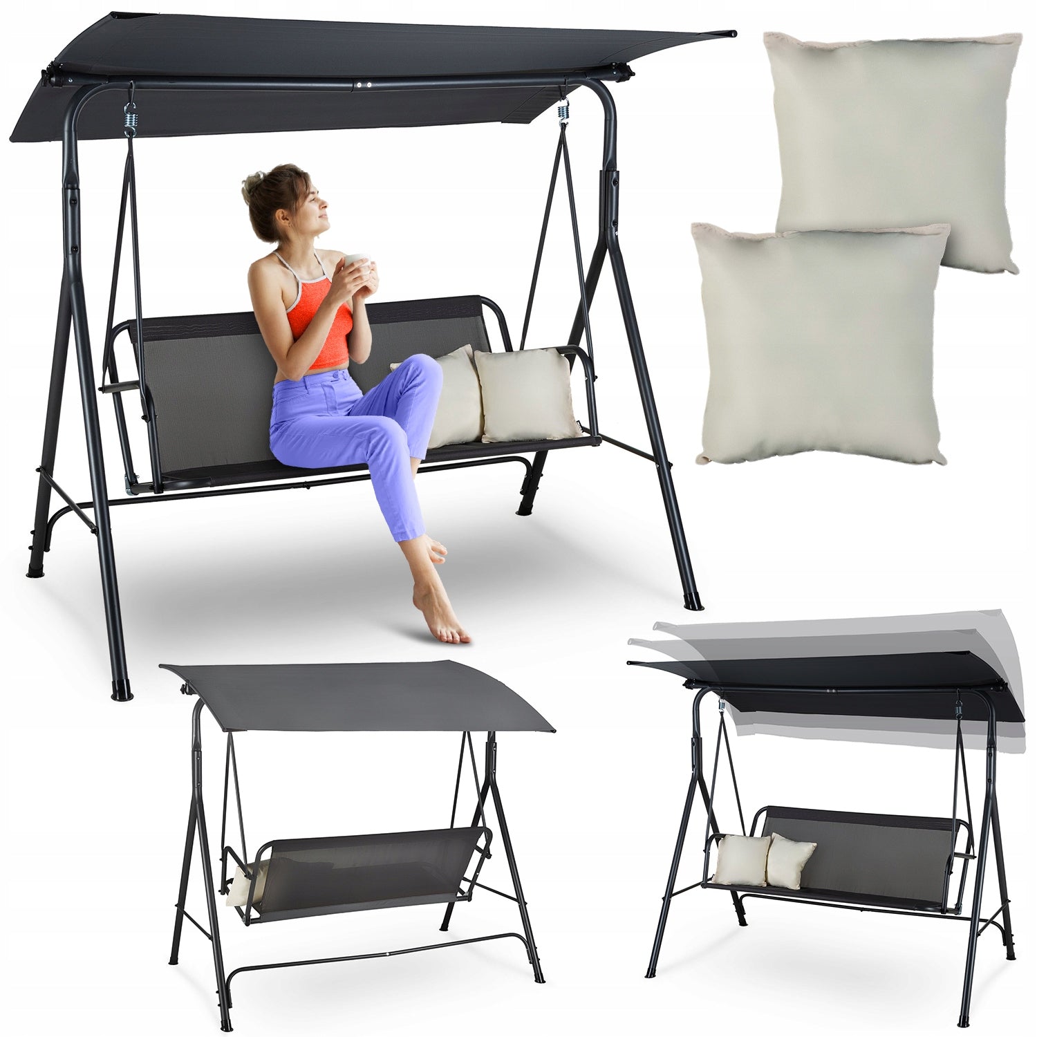 3 SEATER FREESTANDING GARDEN SWING WITH VISOR AND CUSHIONS LUVERNO
