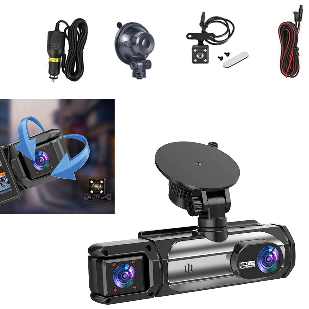 3-channel dash cam, with front-to-back camera and 1080P interior