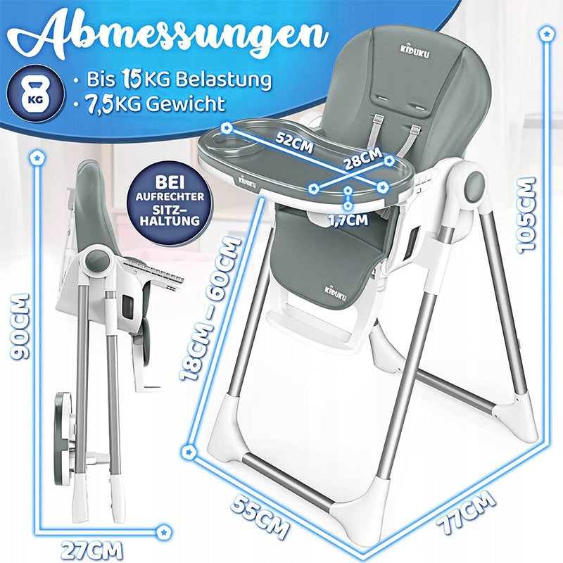 3-in-1 Baby Feeding Chair, Adjustable Position, Grey Manufacturer code KIDUKU
