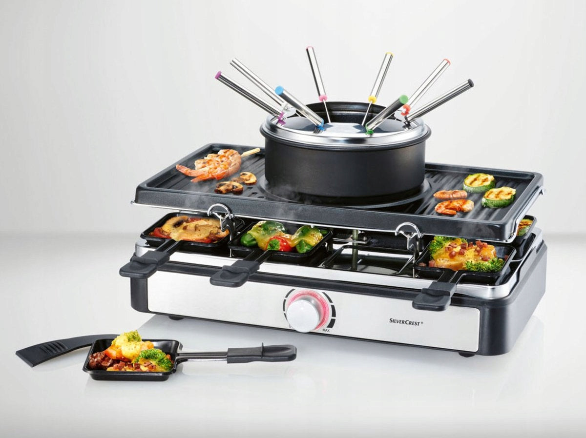 3 in 1 GRILL RACLETTE PLATE + FONDUE + 8 STICKS Pot and Forks Thermostat Power rating 1400 W