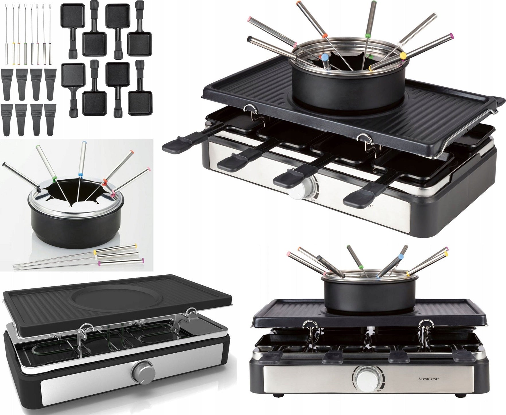 3 in 1 GRILL RACLETTE PLATE + FONDUE + 8 STICKS Pot and Forks Thermostat