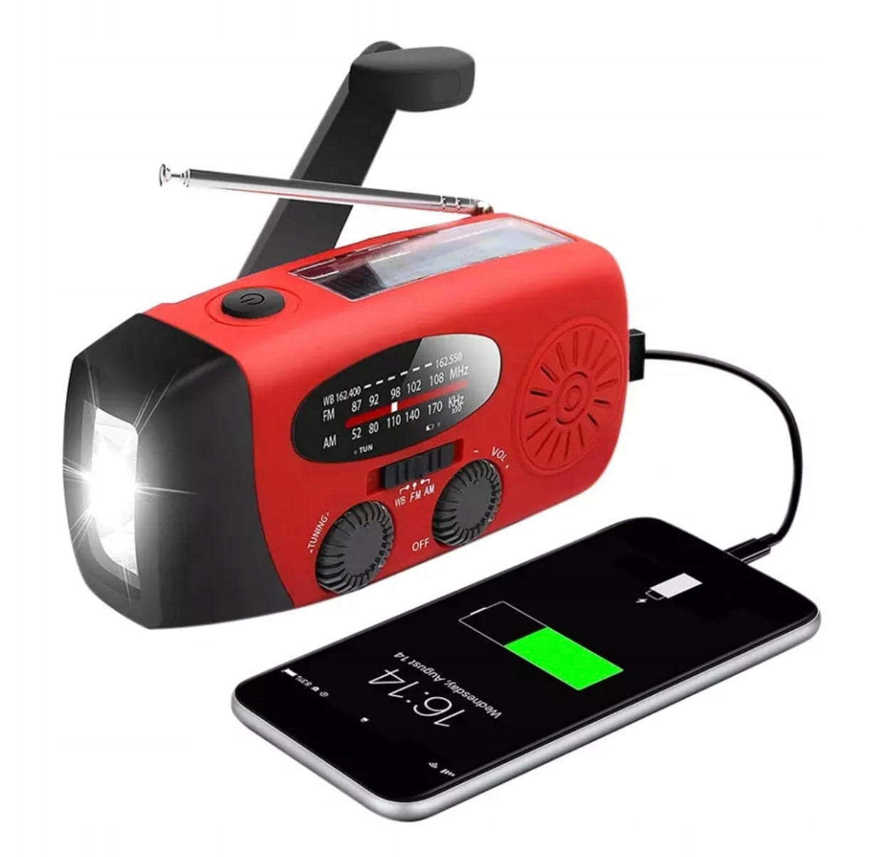 3-in-1 Red Solar Crank Emergency Radio with Power Bank and Flashlight
