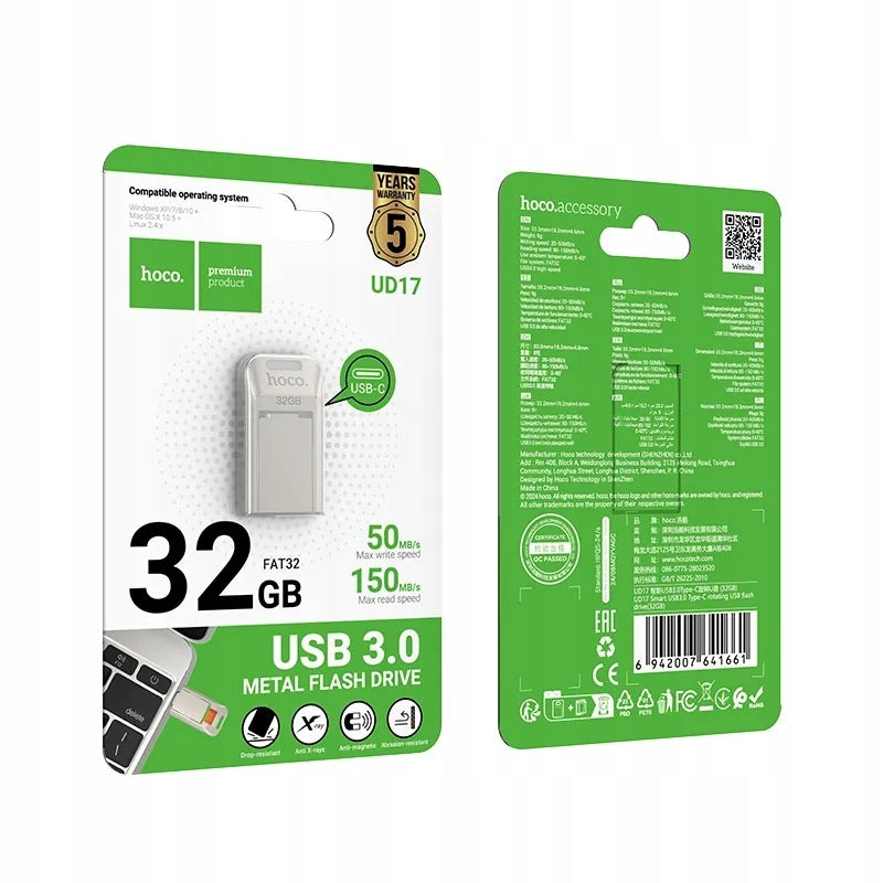 32GB USB 3.0 (USB C) Hoco UD17 nickel flash drive Color gray