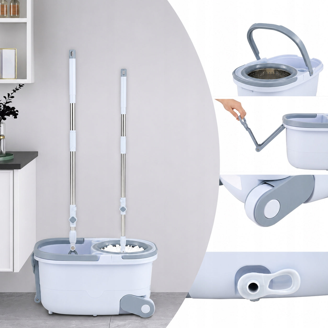 360° ROTARY MOP WITH BUCKET WATER SEPARATION 2 HEADS MICROFIBER LIGHTWEIGHT Brand Costway