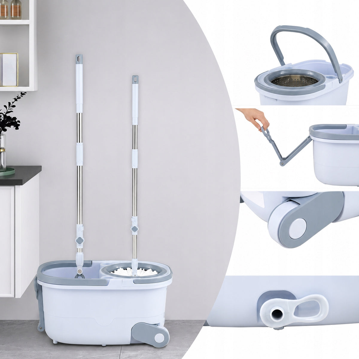 360° ROTARY MOP WITH BUCKET WATER SEPARATION 2 HEADS MICROFIBER LIGHTWEIGHT Brand Costway
