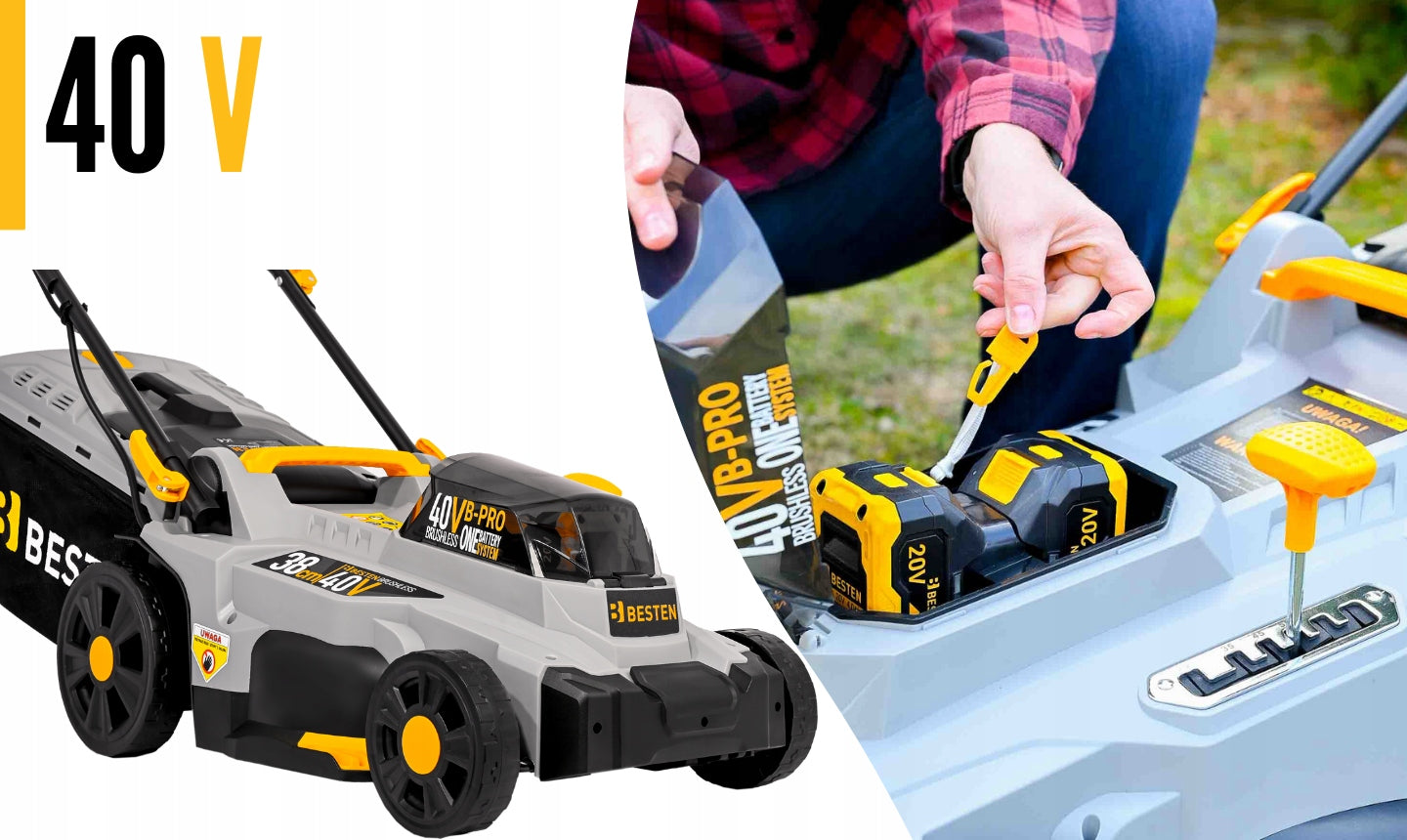 38CM BRUSHLESS CORDLESS LAWN MOWER FOR GRASS 2X AKU 6AH STRONG BESTEN Basket capacity 42 l
