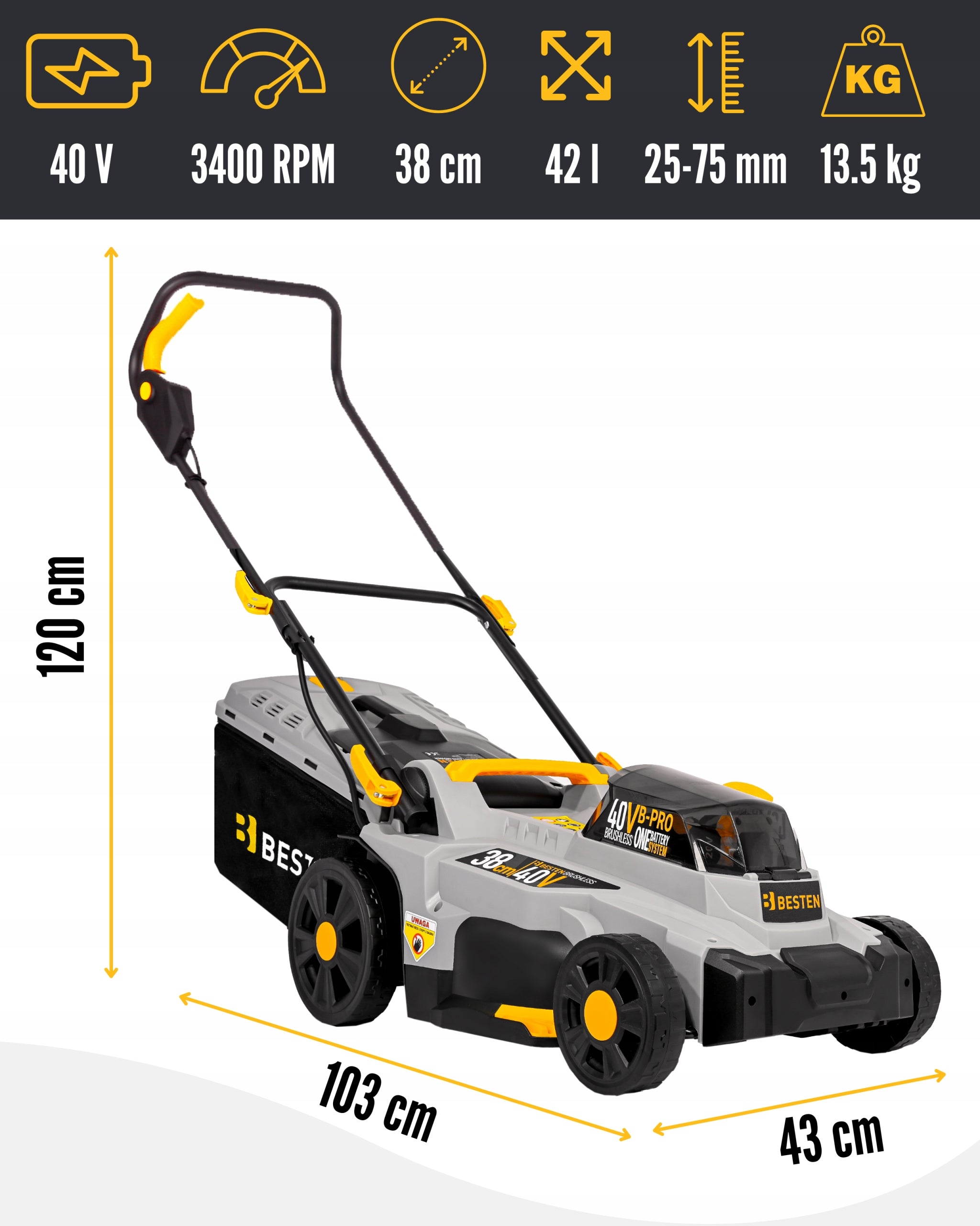 38CM BRUSHLESS CORDLESS LAWN MOWER FOR GRASS 2X AKU 6AH STRONG BESTEN Packaging status original