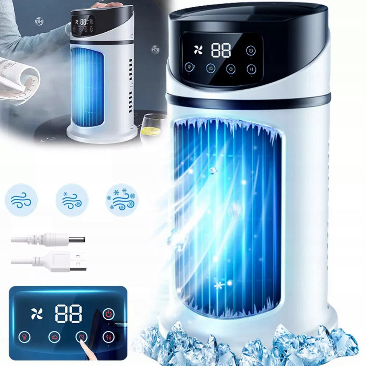 3IN1 AIR CONDITIONER PORTABLE USB FOR WATER ICE COOLING FAN Dominant color white