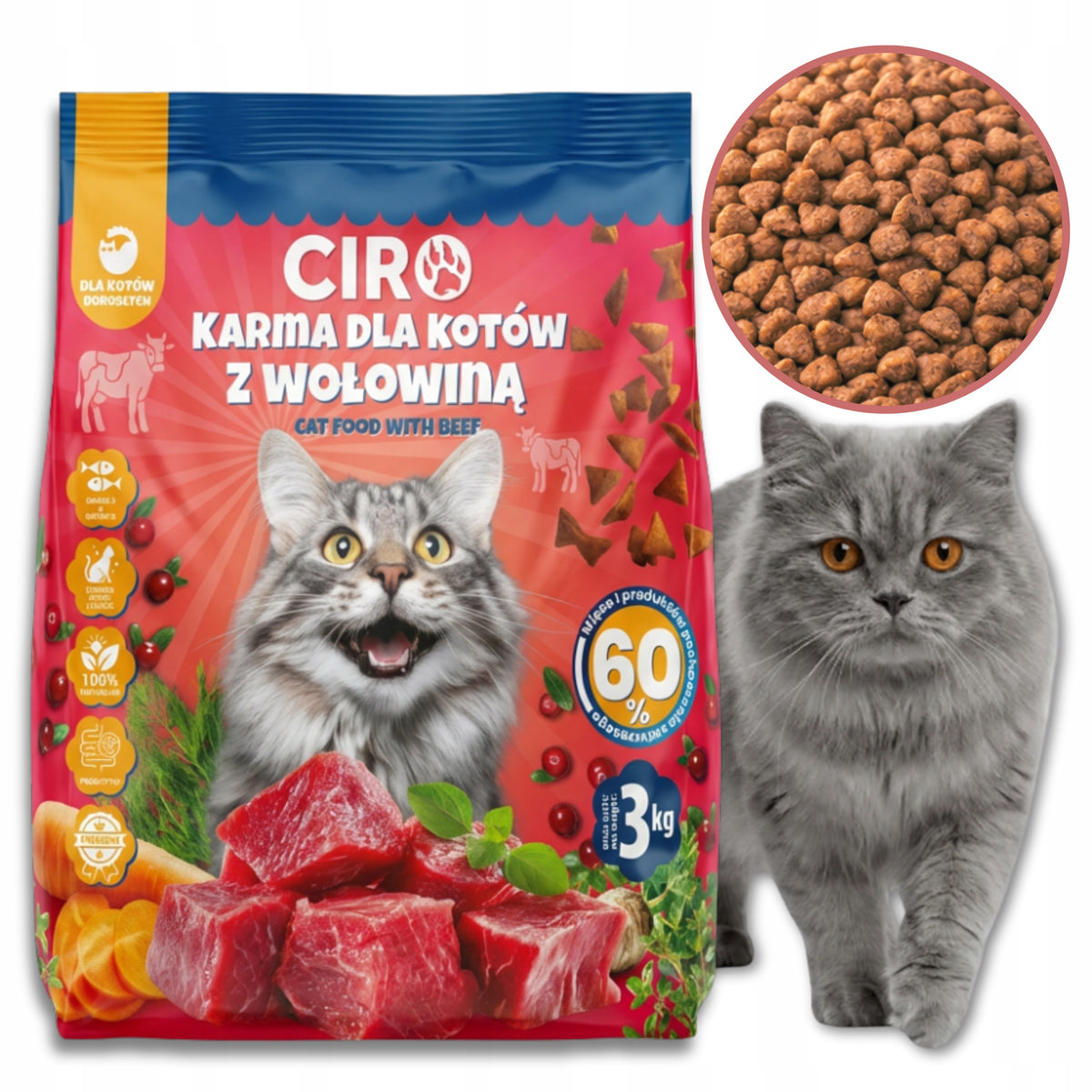 3KG PREMIUM DRY CAT FOOD WITH ADULT BEEF AND VEGETABLES