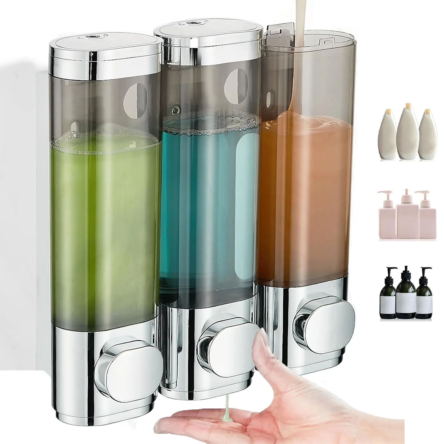 3X300ML WALL MOUNTED SHAMPOO GEL SOAP DISPENSER 3 CHAMBERS