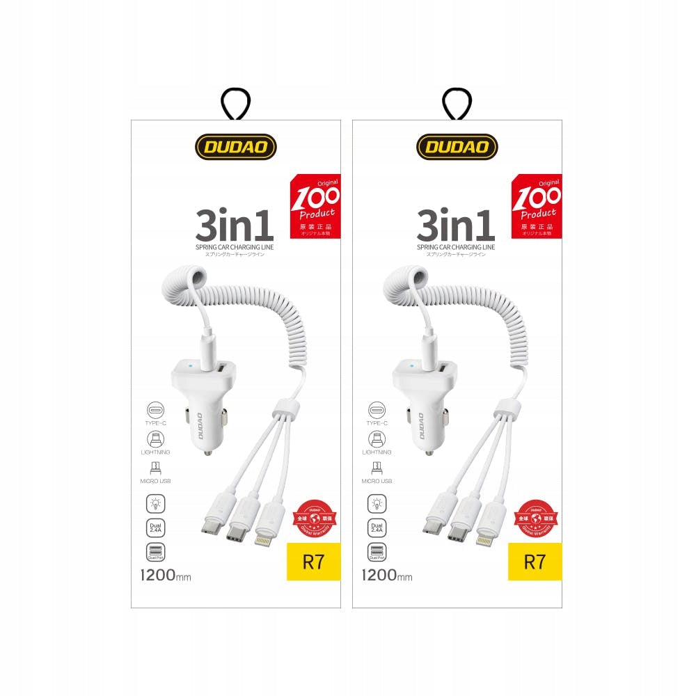 3in1 Car Phone Charging Kit Universal Cable White