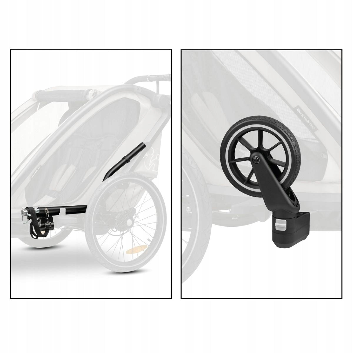 3in1 Double Bike Trailer Hauck Bike N Walk LED jogger lighting Additional features shock absorption safety flag rain cover jogger function brake pockets stroller front wheel included axle-mounted mosquito net hi-vis reflectors sun visors lighting securing straps 5-point harness pumped wheels cargo space adjustable backrest adjustable handles foldable trailer design waterproof bicycle trailer hook walking set
