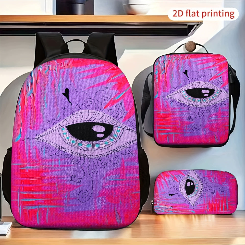 3pc Backpack Set - Abstract Graffiti Eye Print, 2D Flat Design, Adjustable Straps