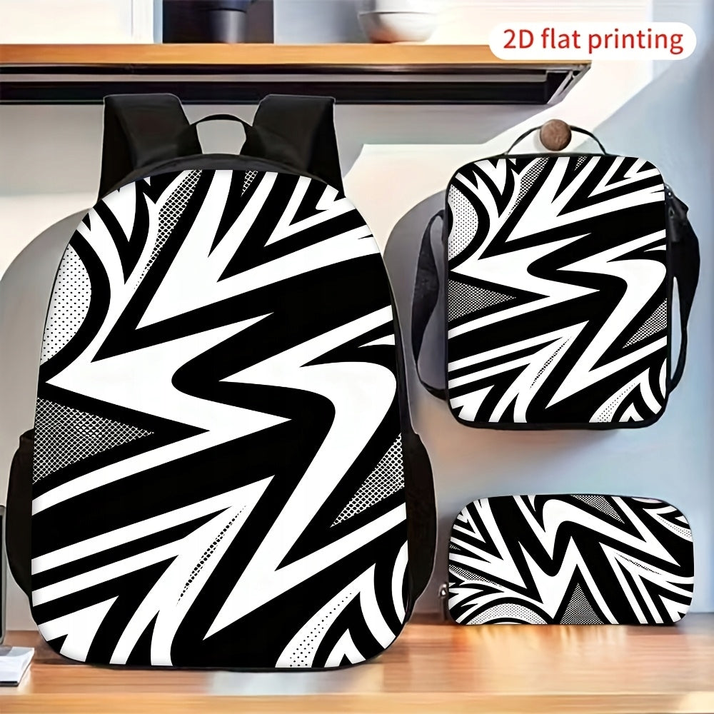3pc Backpack Set - Black & White Abstract Lightning Graphic with Crossbody Pouch