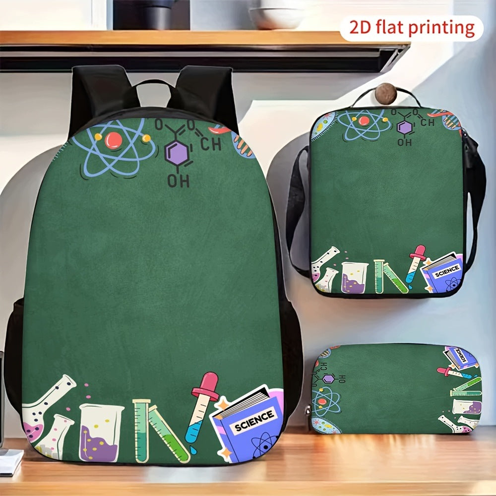 3pc Backpack Set - Chemical Science Atom Experiment Lunch Bag Case