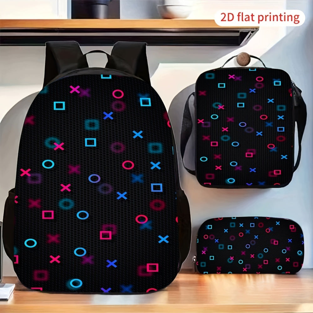 3pc Backpack Set - Colorful X O Square Geometric Shoulder Bag