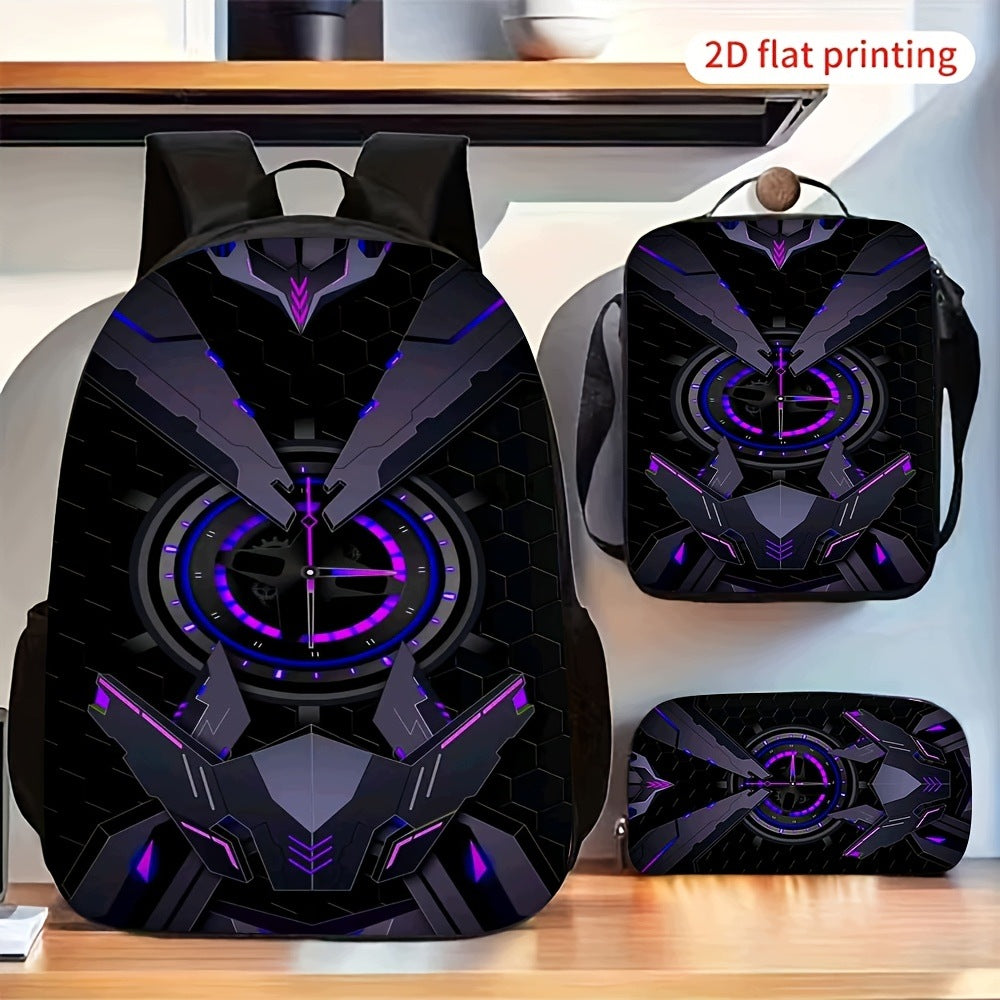 3pc Backpack Set - Cool Purple & Black Mecha Pattern (2D Flat Print)