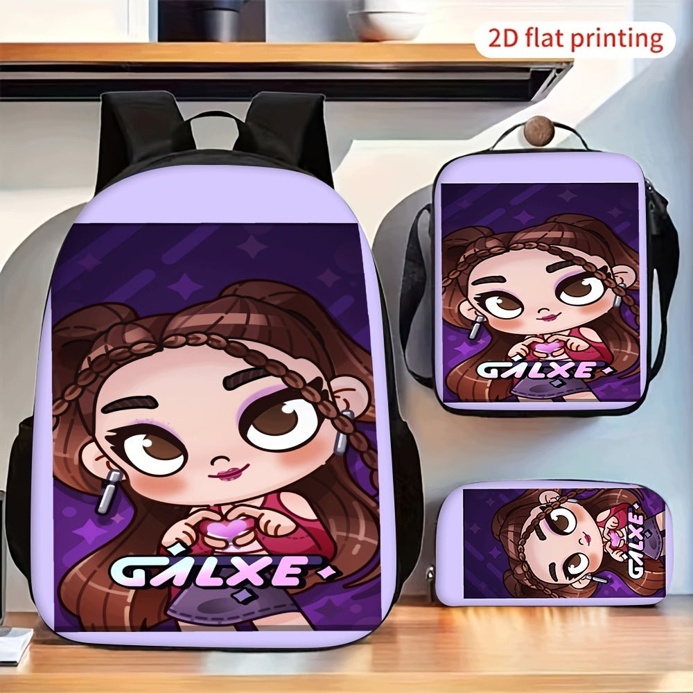 3pc Backpack Set Cute Cartoon Girl Print Lunch Bag Casual