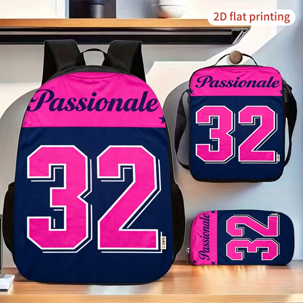 3pc Backpack Set Passionate Number 32 Print Crossbody Bag Pouch