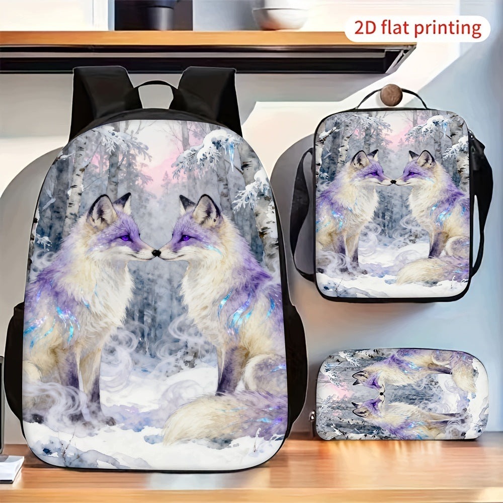 3pc Backpack Set - Purple Fox Snowy Forest Print Shoulder Bag