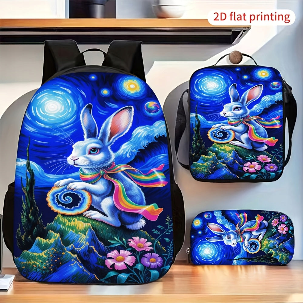 3pc Backpack Set - Starry Sky Rabbit Art Print Casual Shoulder Bag & Pencil Case