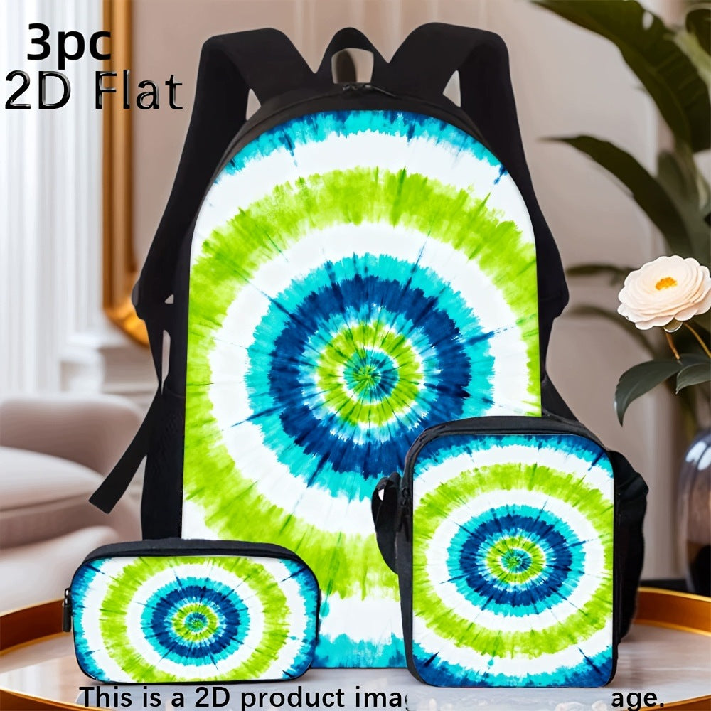3pc Backpack Set - Tie-Dye Concentric Circles - Stylish & Colorful Backpack