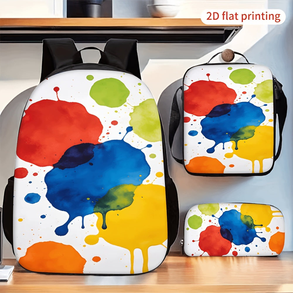3pc Backpack Set - Watercolor Paint Splatter Pattern, Abstract Ink Splash
