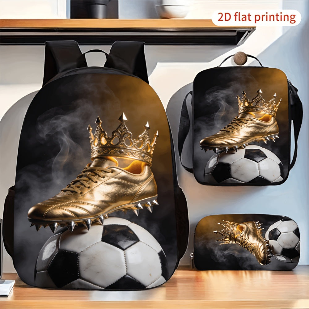 3pc Backpack Set with Golden Crown and Soccer Boot Print, Includes Crossbody Bag